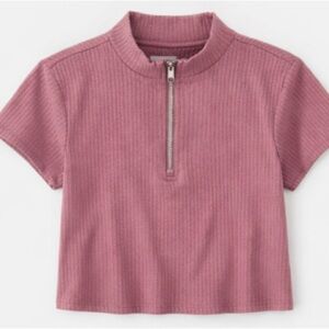 American Eagle Ribbed Quarter-Zip Cropped Top – Dusty Rose
